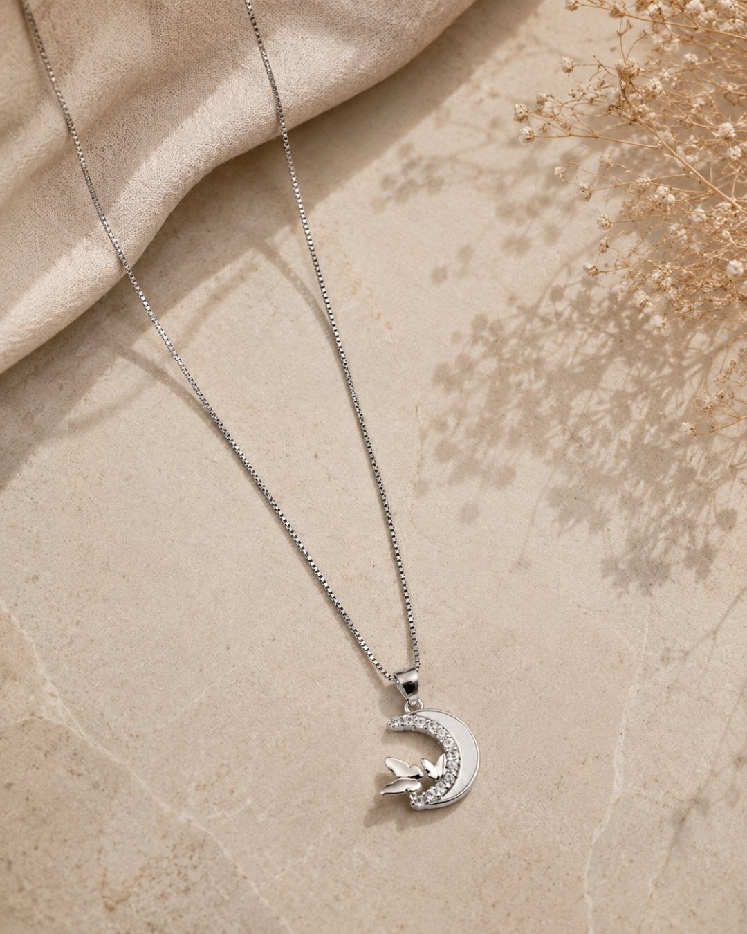 Celestial Butterfly Crescent Silver 925 Necklace