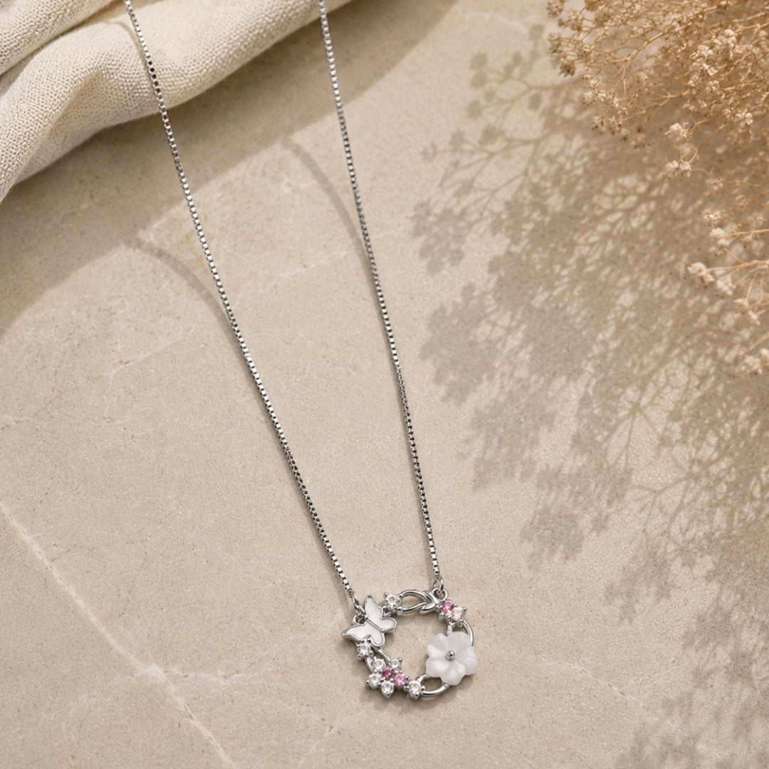 Floral Butterfly Wreath Silver 925 Necklace