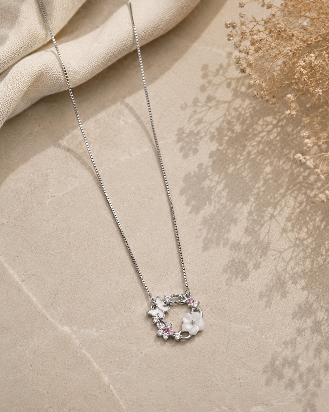 Floral Butterfly Wreath Silver 925 Necklace