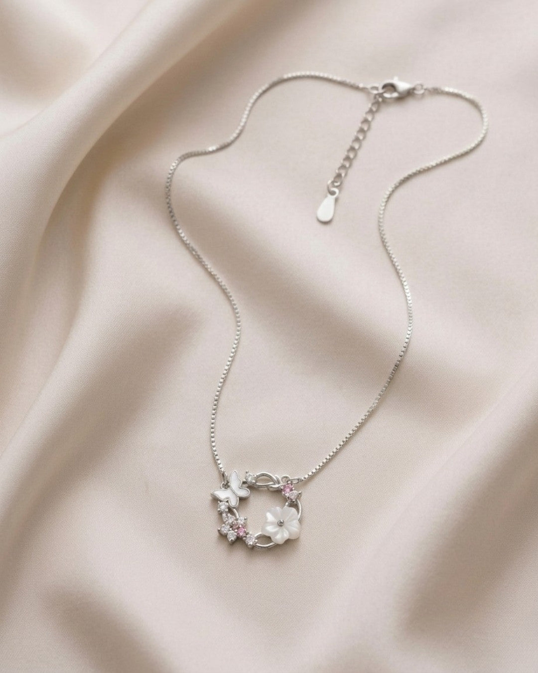 Floral Butterfly Wreath Silver 925 Necklace