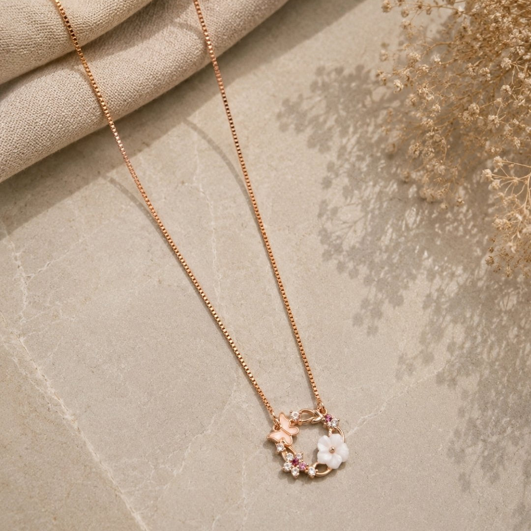 Floral Butterfly Wreath Rose Gold Silver 925 Necklace