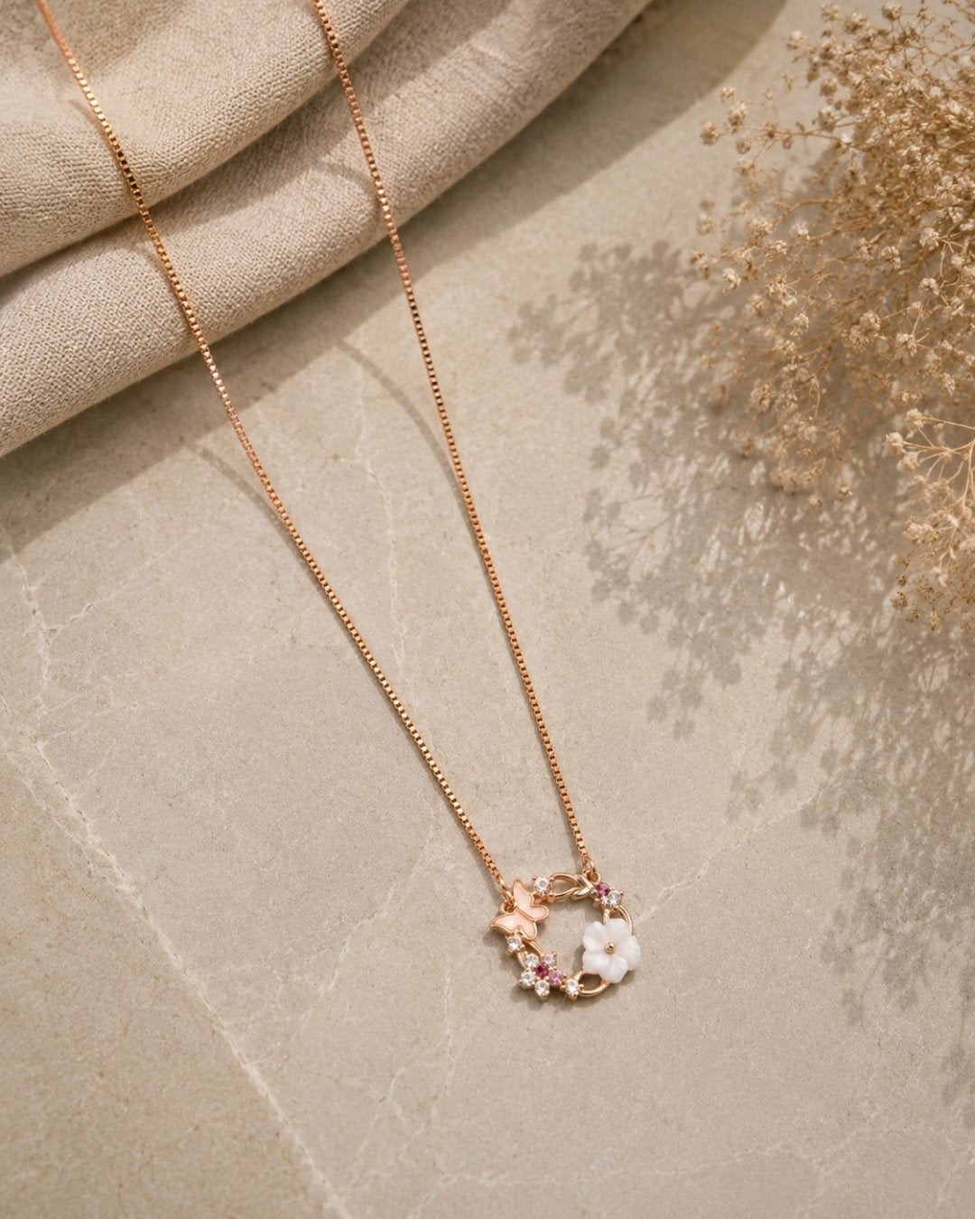 Floral Butterfly Wreath Rose Gold Silver 925 Necklace