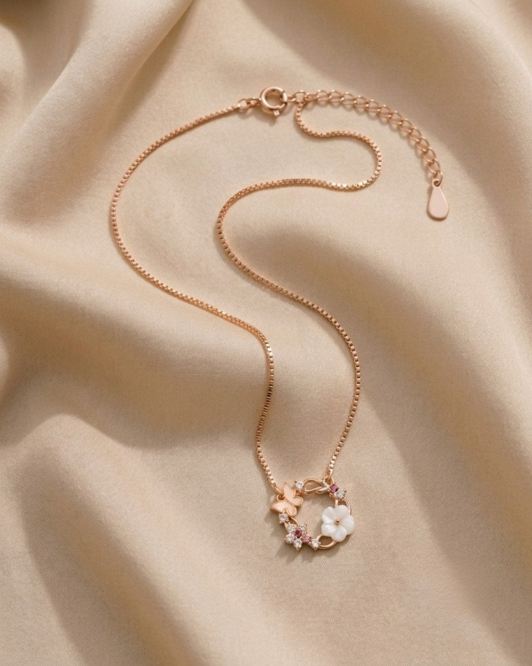 Floral Butterfly Wreath Rose Gold Silver 925 Necklace