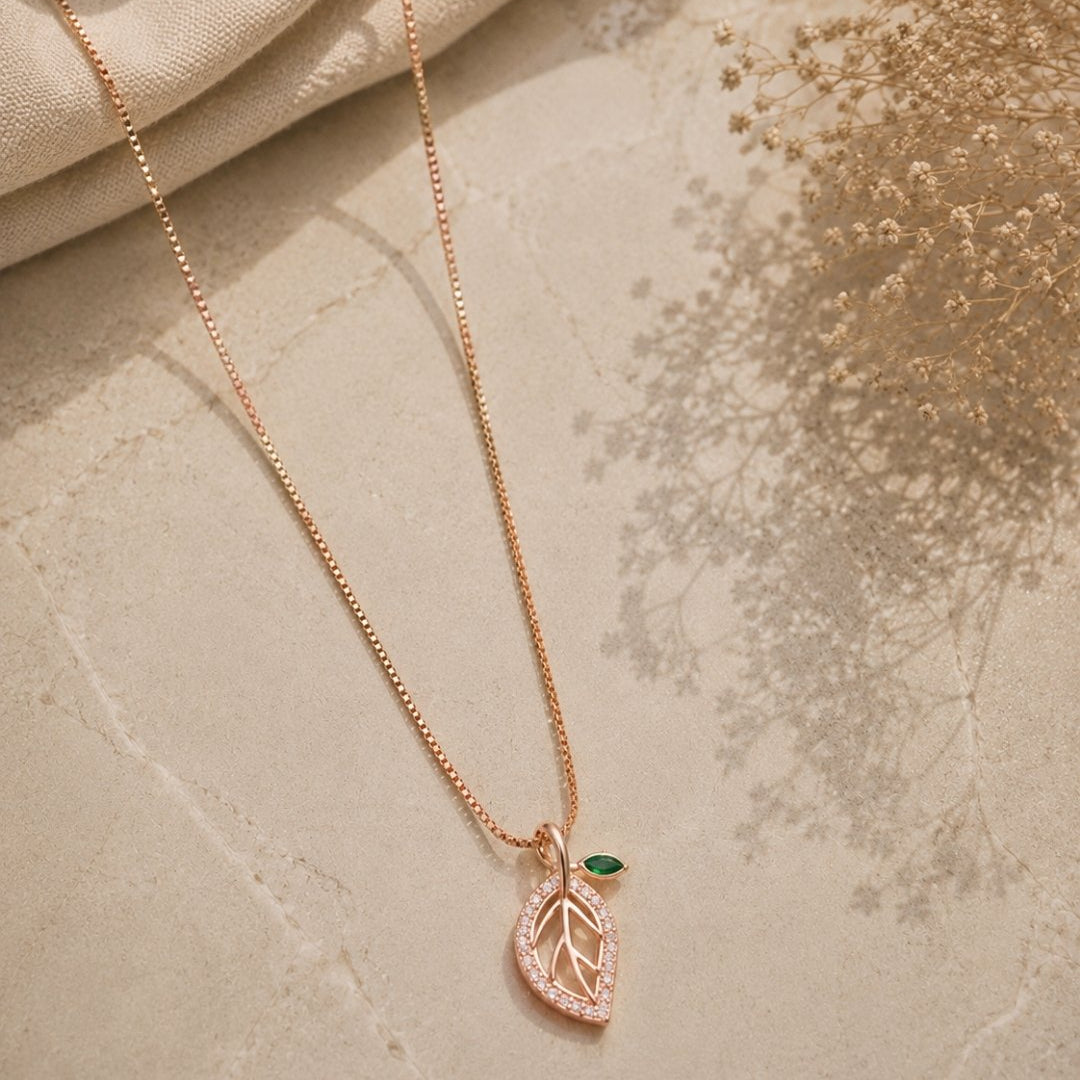 Emerald Accent Leaf Rose Gold Silver 925 Necklace