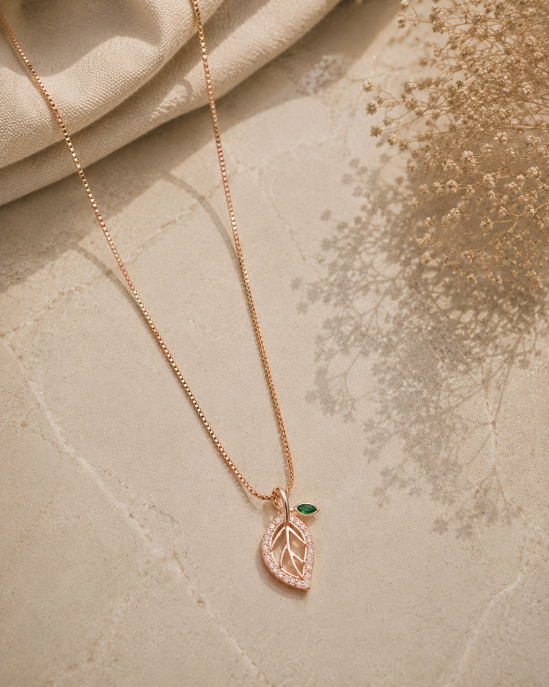 Emerald Accent Leaf Rose Gold Silver 925 Necklace