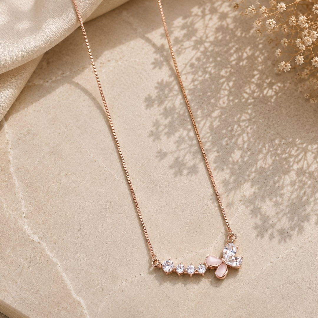 Pink Butterfly & Crystal Bar Rose Gold Silver 925 Necklace