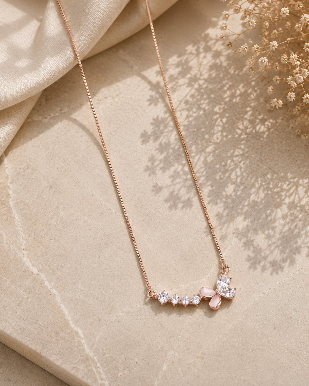 Pink Butterfly & Crystal Bar Rose Gold Silver 925 Necklace