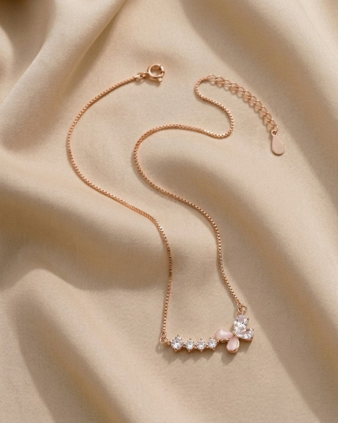 Pink Butterfly & Crystal Bar Rose Gold Silver 925 Necklace