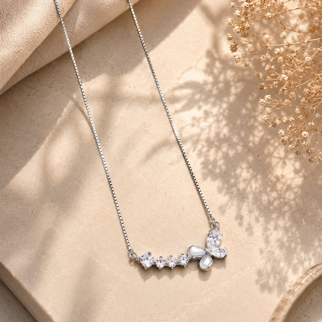 White Butterfly & Crystal Bar Silver 925 Necklace