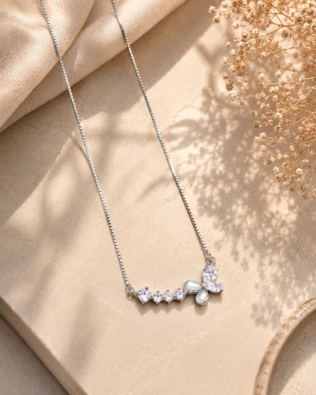 White Butterfly & Crystal Bar Silver 925 Necklace