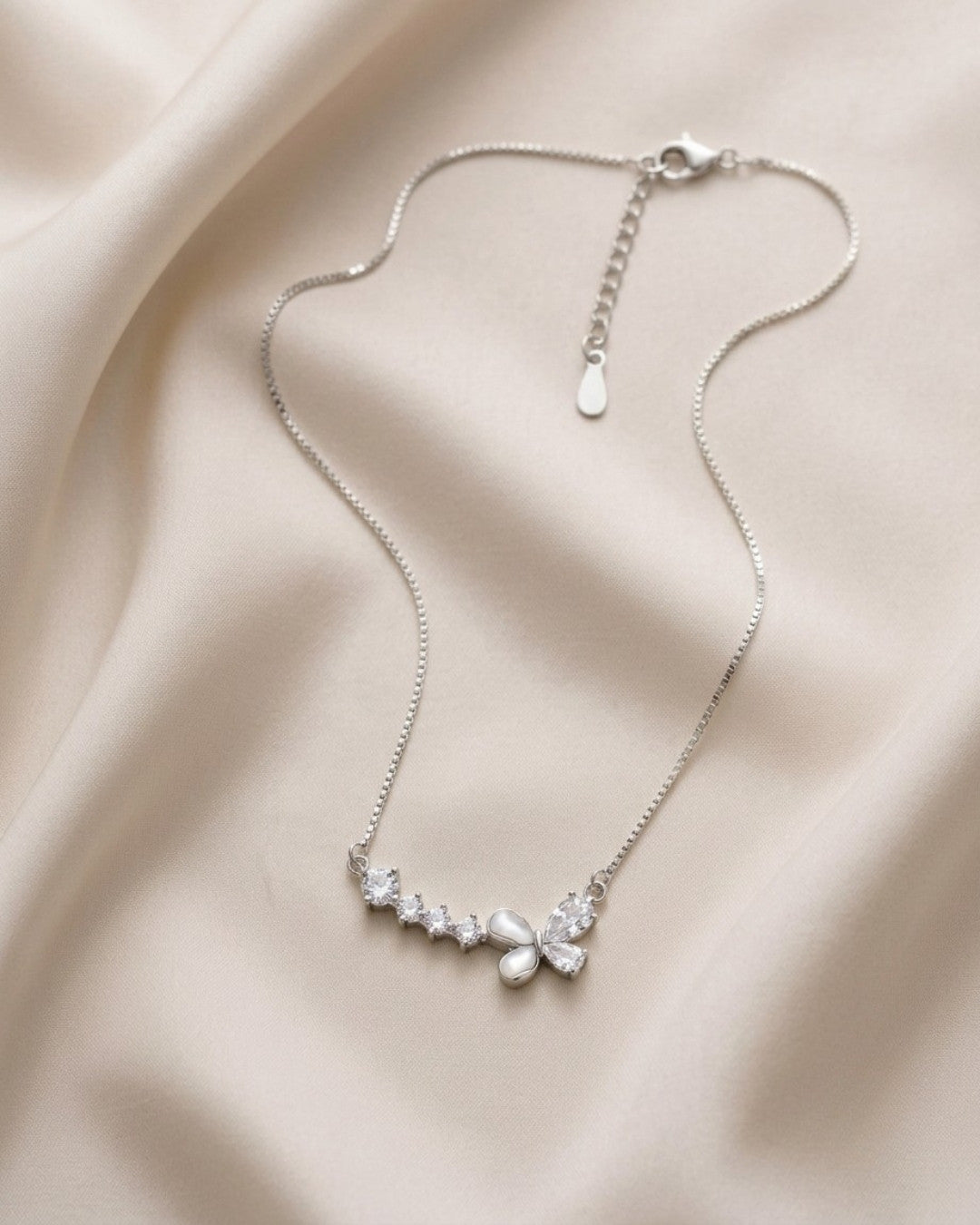 White Butterfly & Crystal Bar Silver 925 Necklace