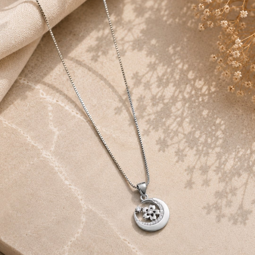 Floral Crescent Moon Silver 925 Necklace