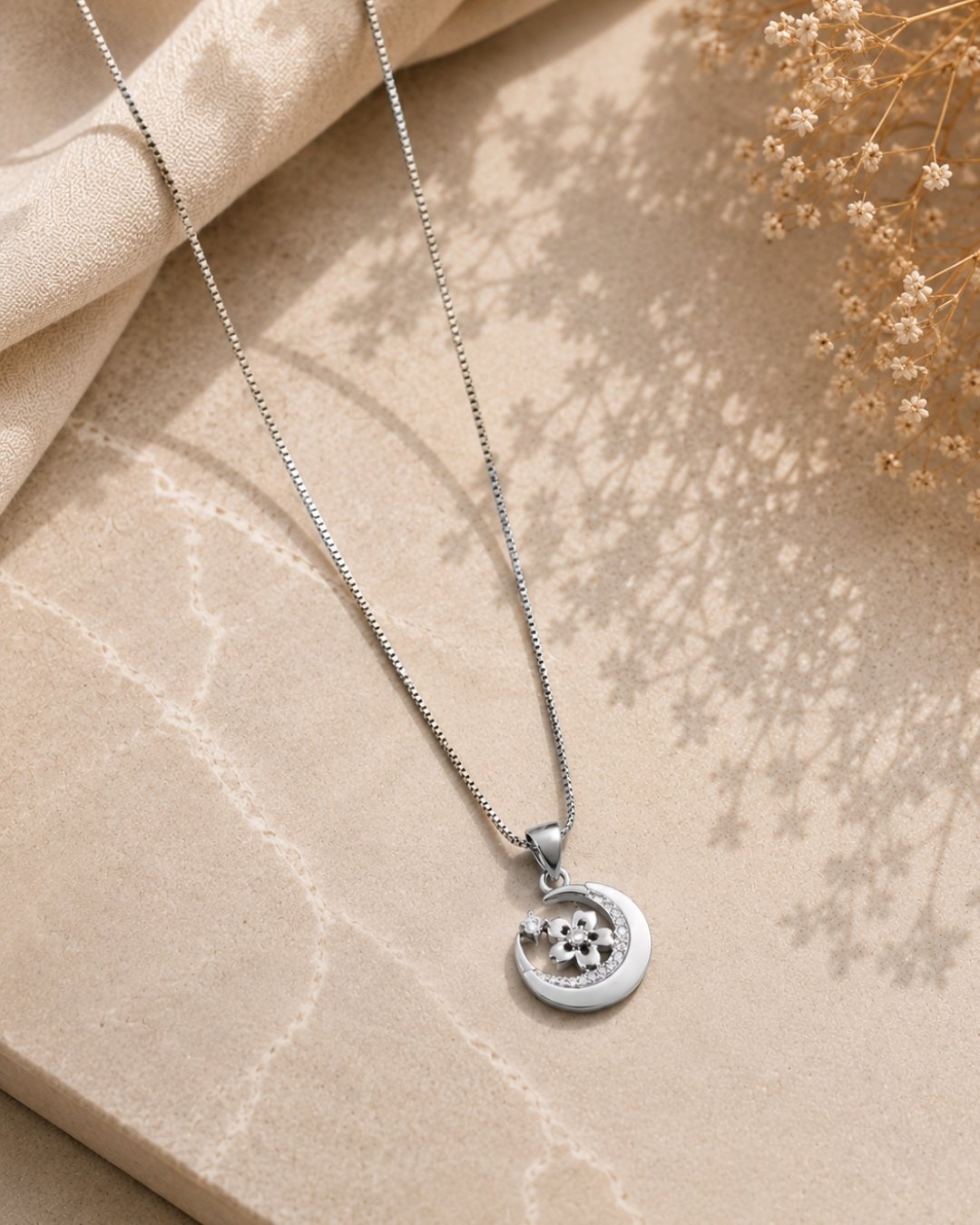 Floral Crescent Moon Silver 925 Necklace