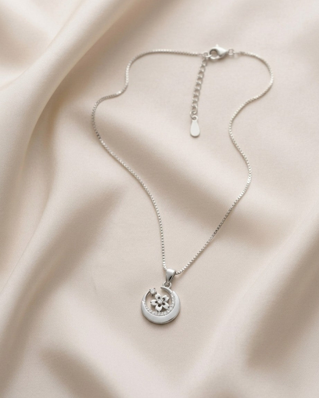 Floral Crescent Moon Silver 925 Necklace