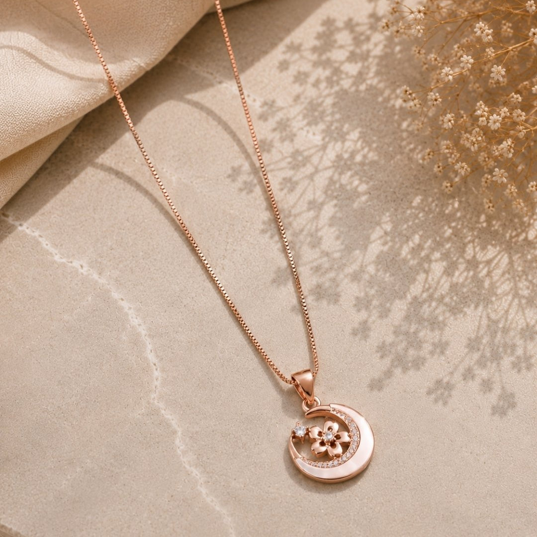 Floral Crescent Moon Rose Gold Silver 925 Necklace