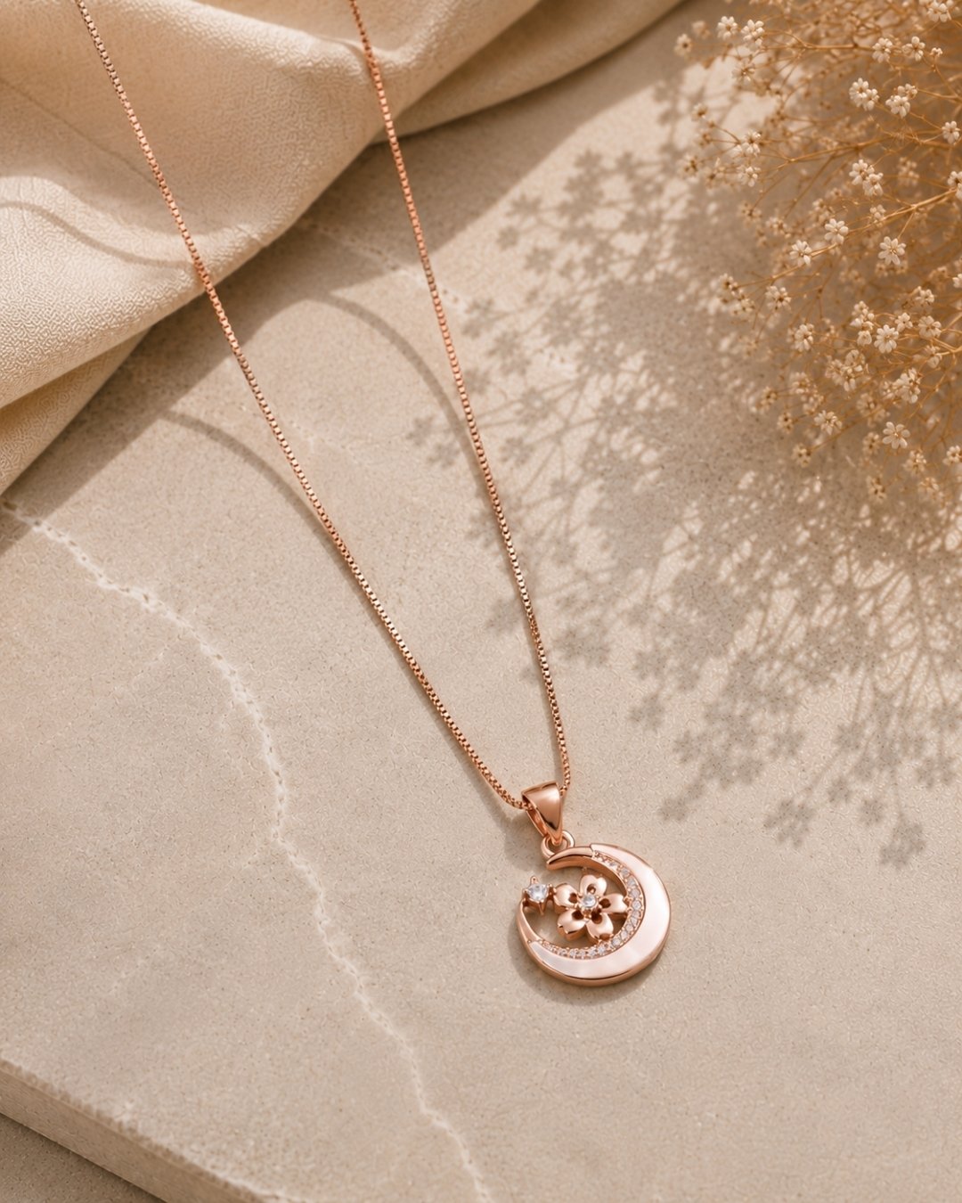 Floral Crescent Moon Rose Gold Silver 925 Necklace