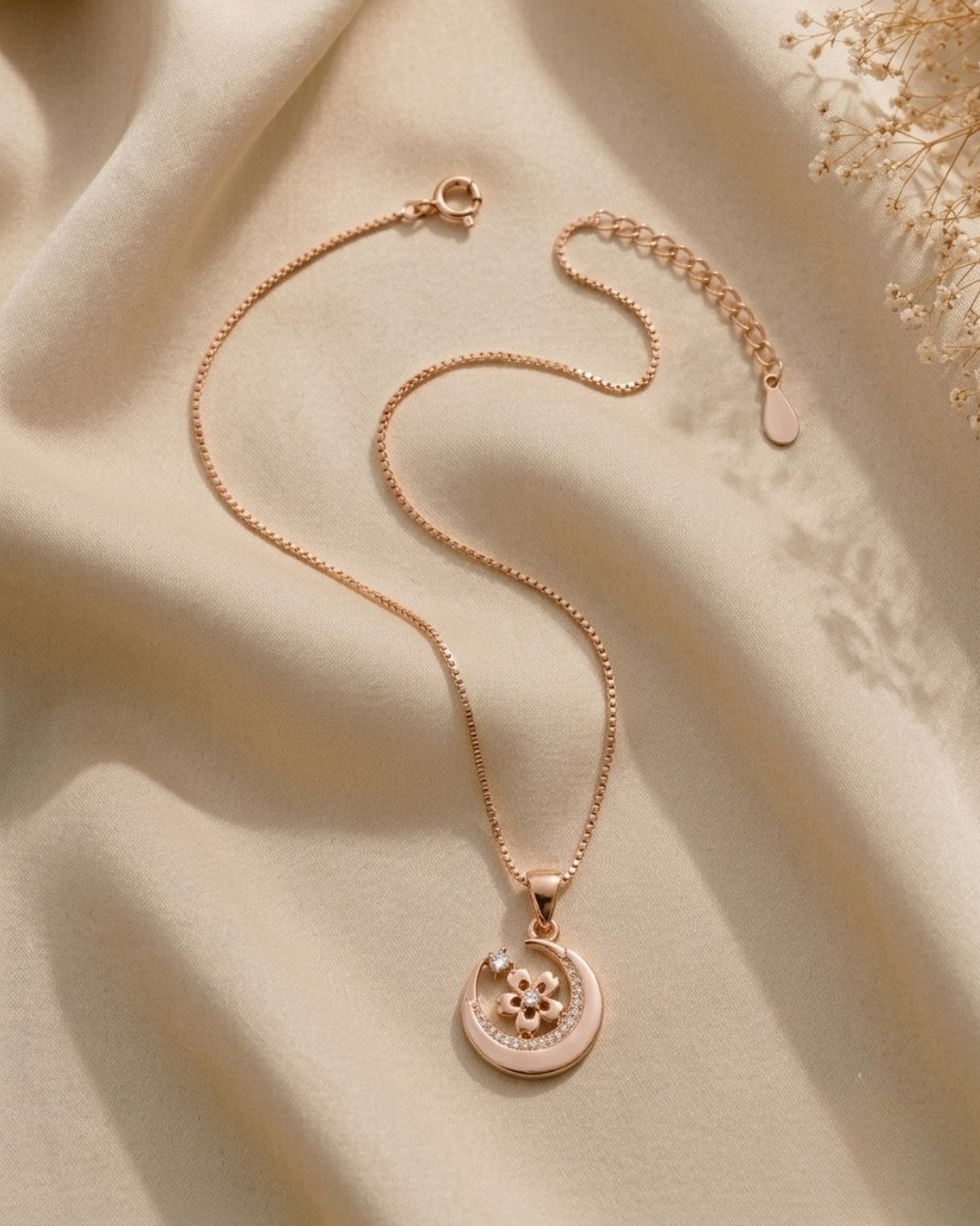 Floral Crescent Moon Rose Gold Silver 925 Necklace