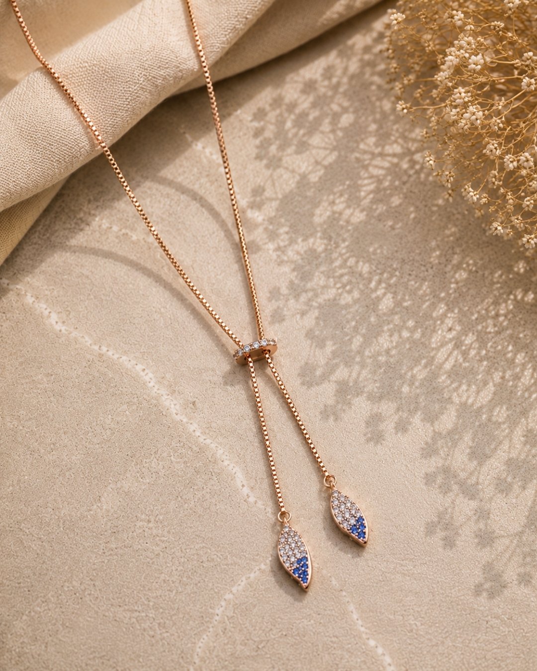 Sapphire Accent Drop Rose Gold Silver 925 Lariat Necklace
