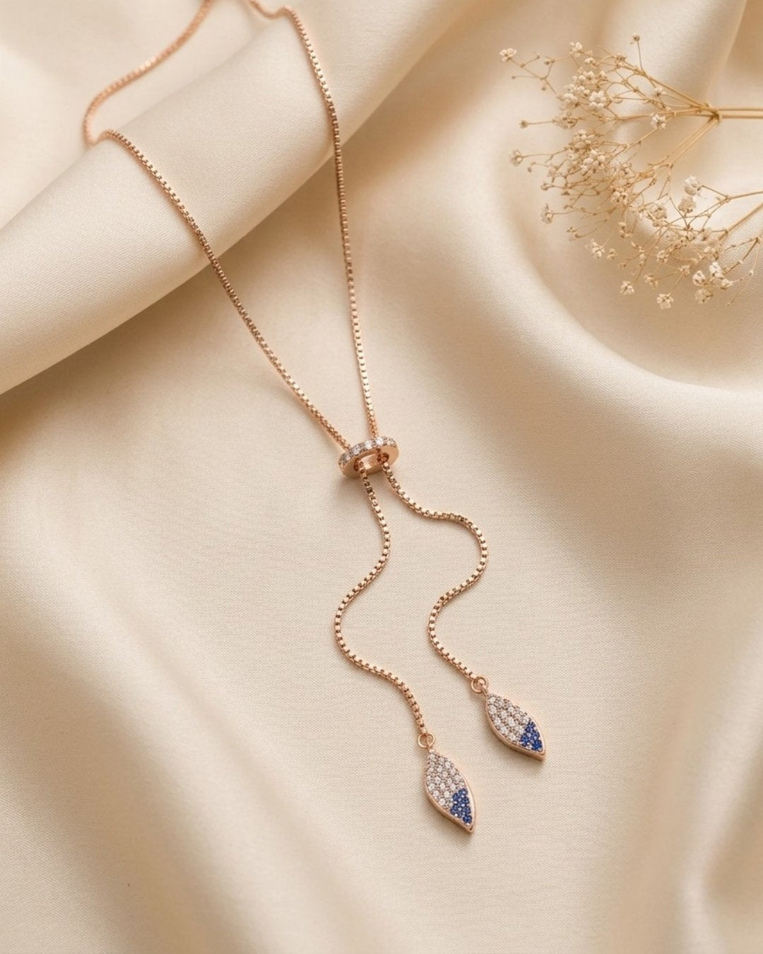 Sapphire Accent Drop Rose Gold Silver 925 Lariat Necklace