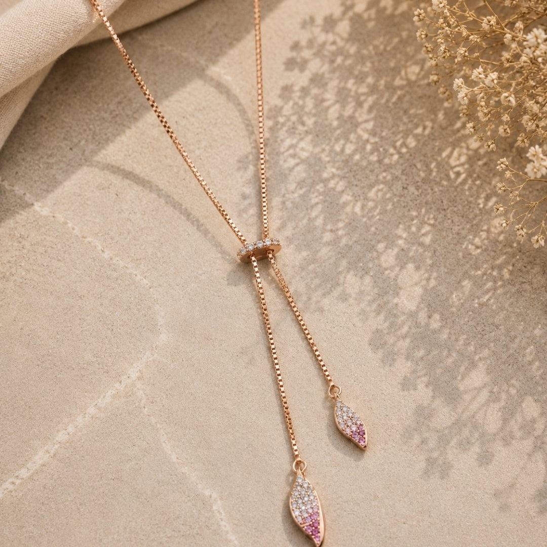 Pink Accent Drop Rose Gold Silver 925 Lariat Necklace