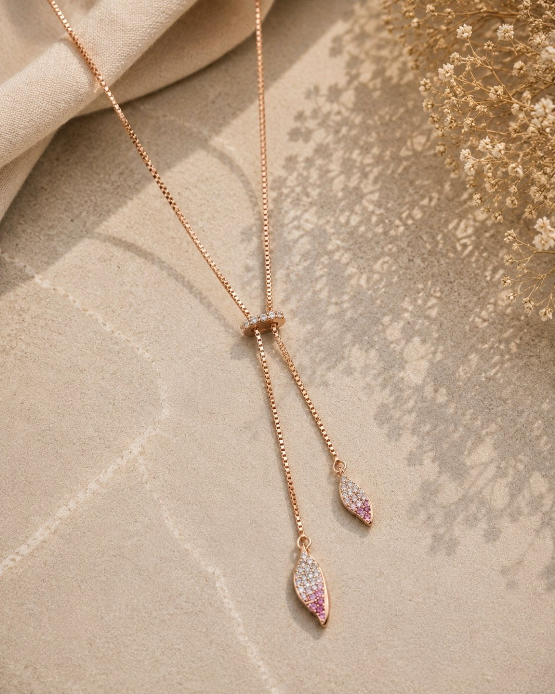 Pink Accent Drop Rose Gold Silver 925 Lariat Necklace