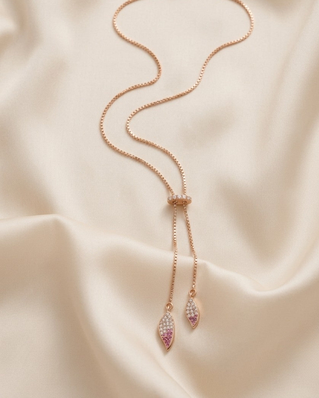 Pink Accent Drop Rose Gold Silver 925 Lariat Necklace