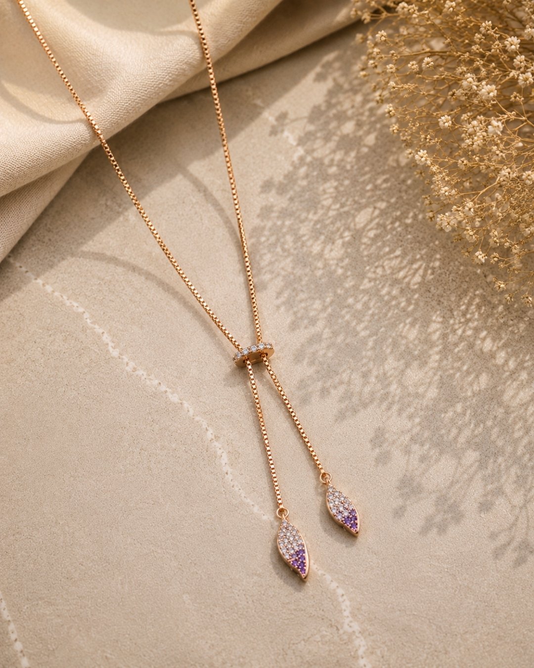Amethyst Accent Drop Rose Gold Silver 925 Lariat Necklace