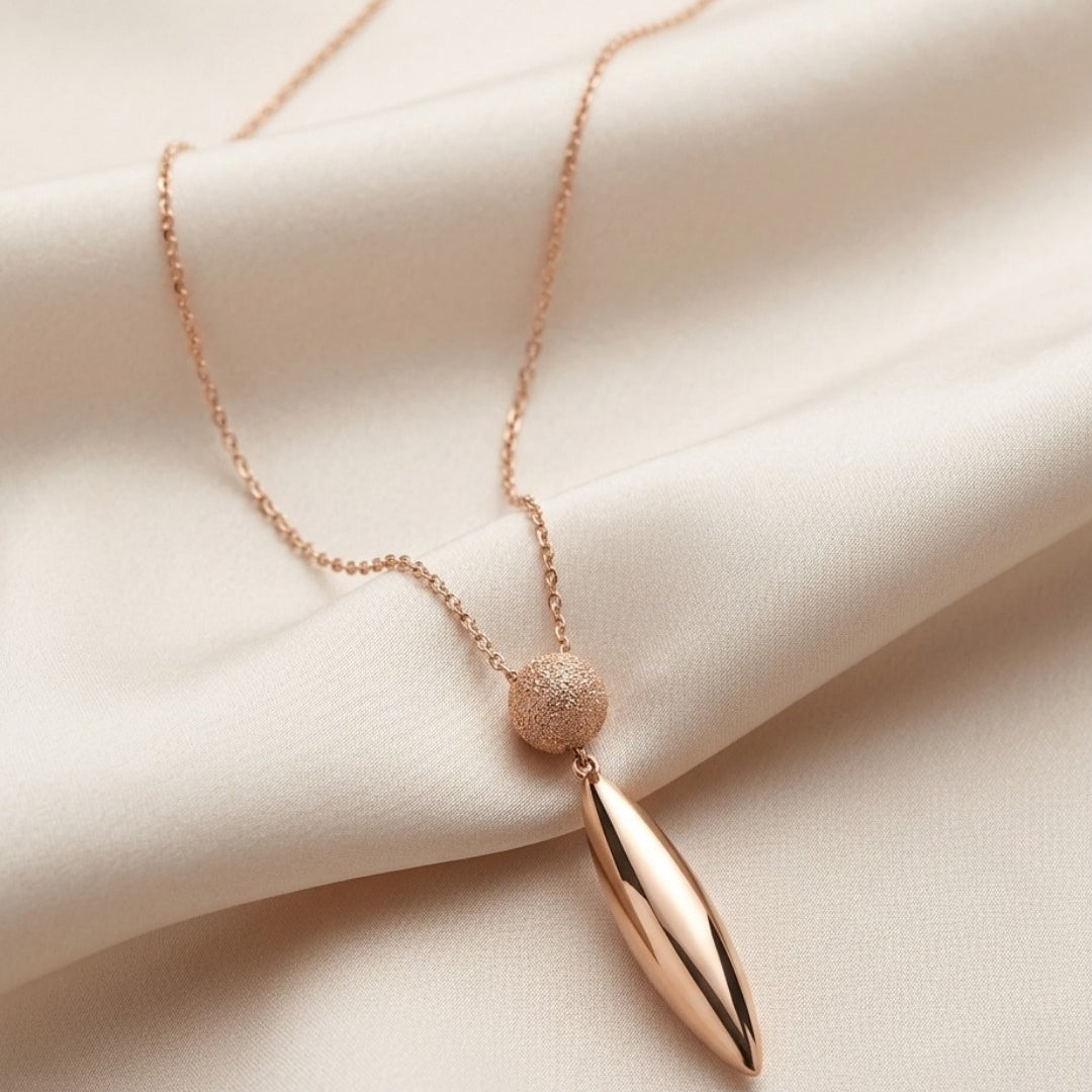 Textured Sphere & Polished Drop Rose Gold Silver 925 Necklace