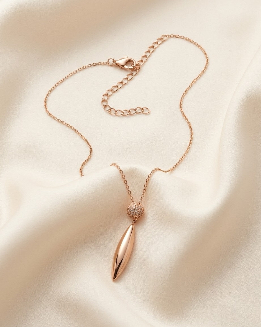Textured Sphere & Polished Drop Rose Gold Silver 925 Necklace