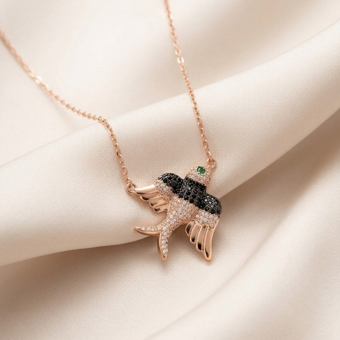 Black & Clear Pave Swallow Rose Gold Silver 925 Necklace