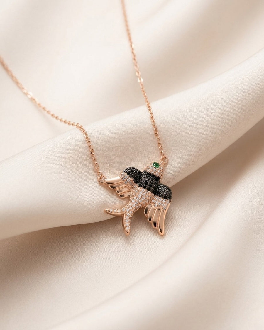 Black & Clear Pave Swallow Rose Gold Silver 925 Necklace