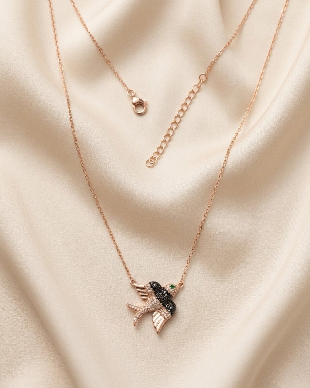 Black & Clear Pave Swallow Rose Gold Silver 925 Necklace