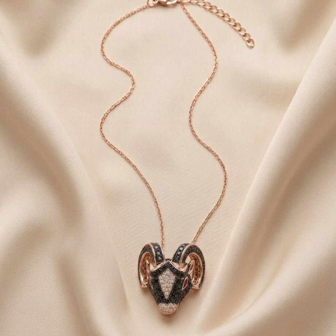 Bold Black Ram Head Rose Gold Silver 925 Necklace