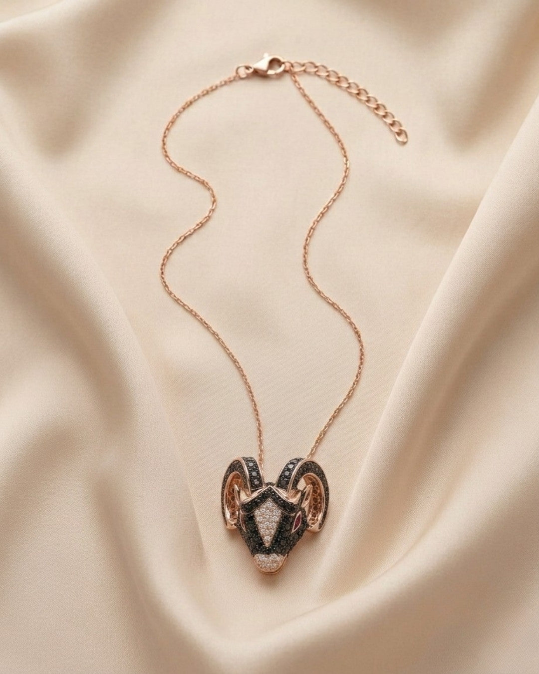 Bold Black Ram Head Rose Gold Silver 925 Necklace