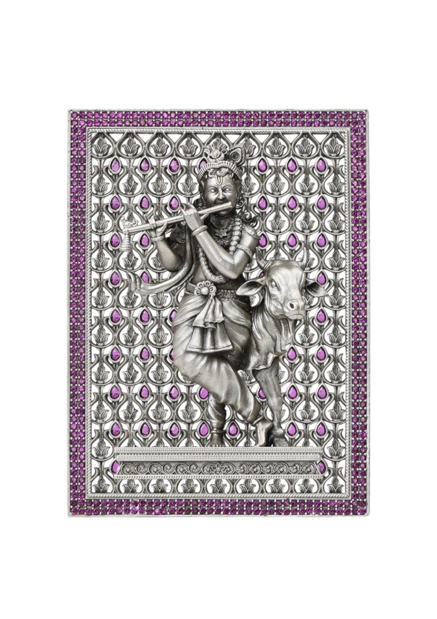 Krishna with Cow – Pure Silver 3D Frame with Gemstone Detailing
