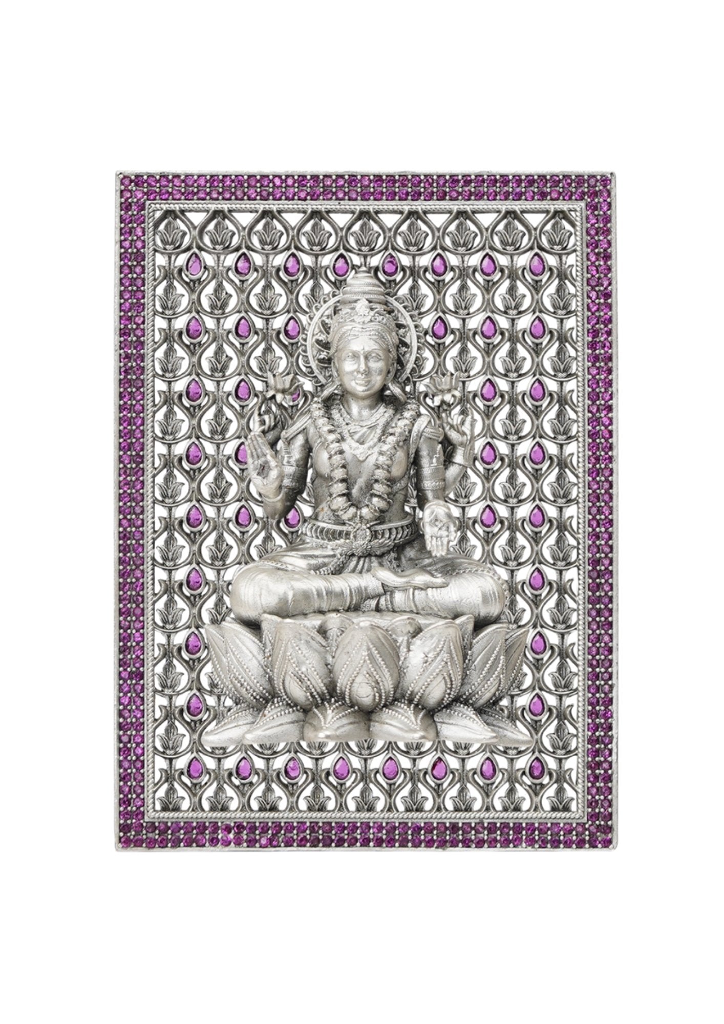 Goddess Lakshmi on Lotus – Pure Silver 3D Frame with Gemstone Detailing