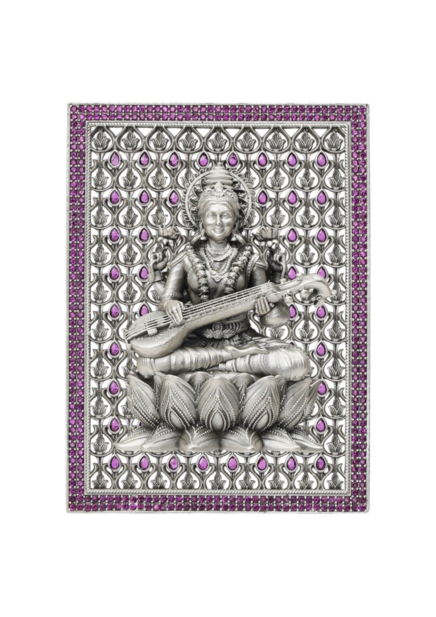 Goddess Saraswati on Lotus – Pure Silver 3D Frame with Gemstone Detailing