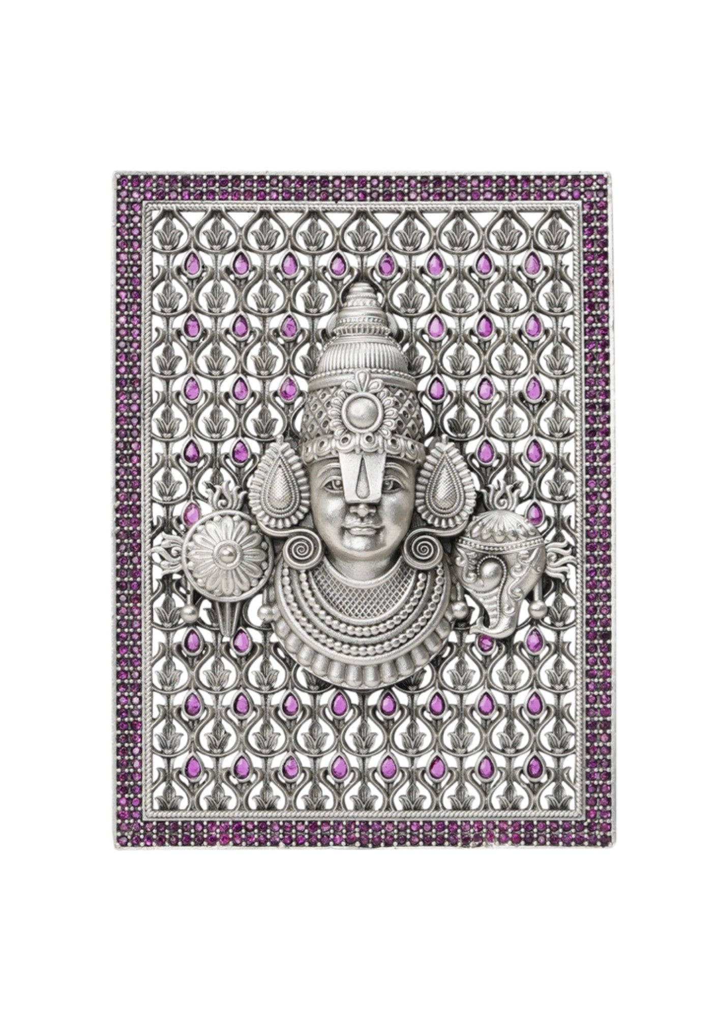 Lord Balaji Face – Pure Silver 3D Frame with Gemstone Detailing