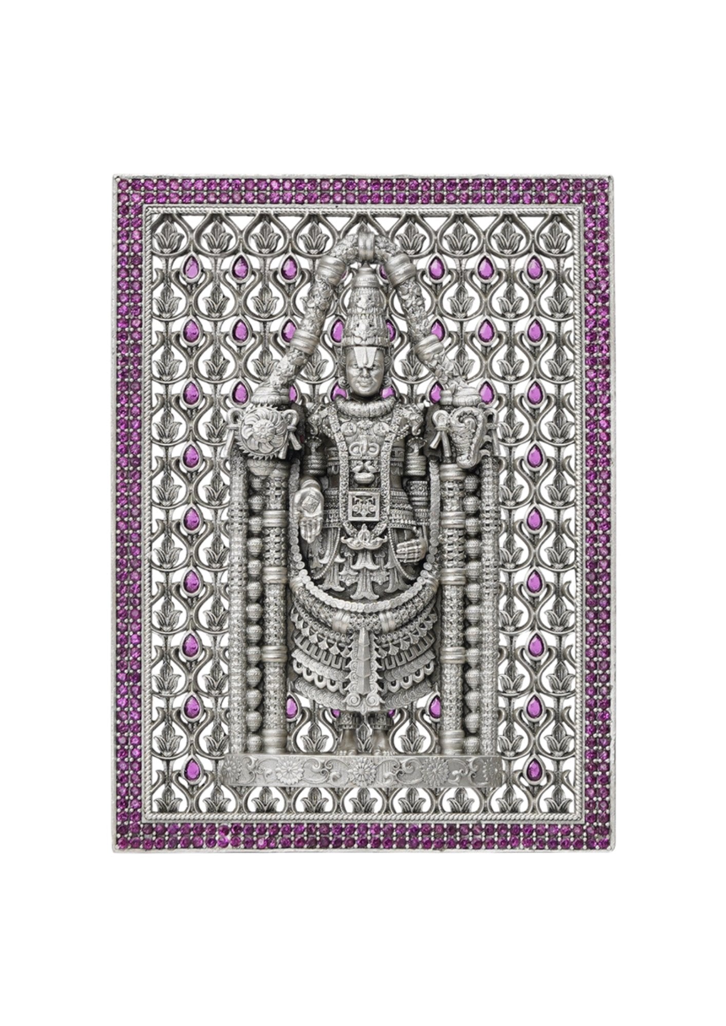 Lord Balaji – Pure Silver 3D Frame with Gemstone Detailing
