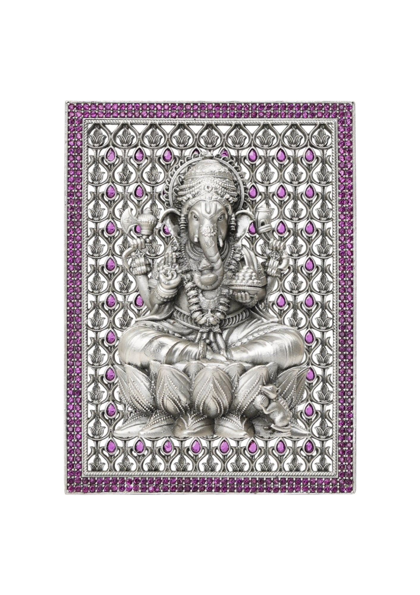 Lord Ganesha on Lotus – Pure Silver 3D Frame with Gemstone Detailing