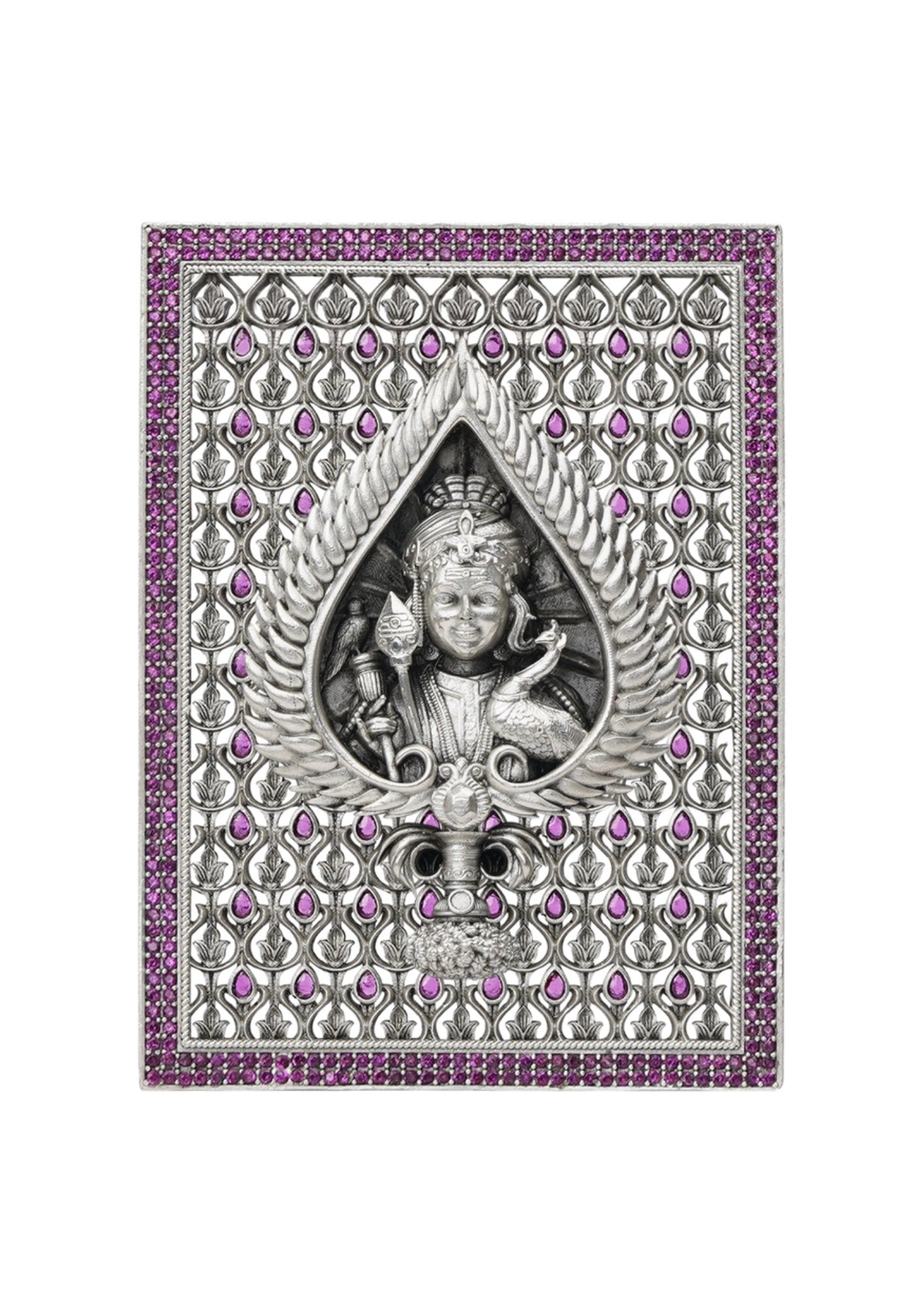 Lord Murugan Face Vel – Pure Silver 3D Frame with Gemstone Detailing