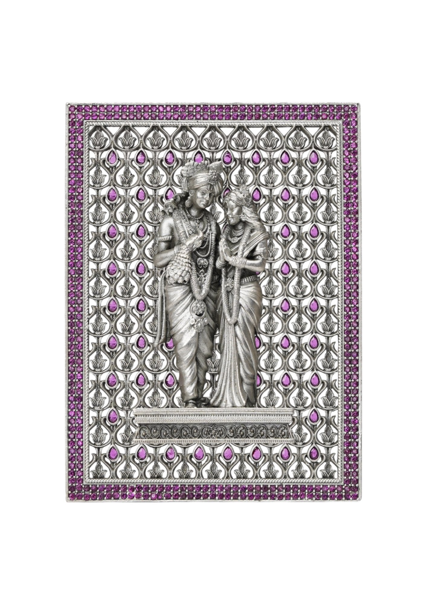 Radha Krishna – Pure Silver 3D Frame with Gemstone Detailing