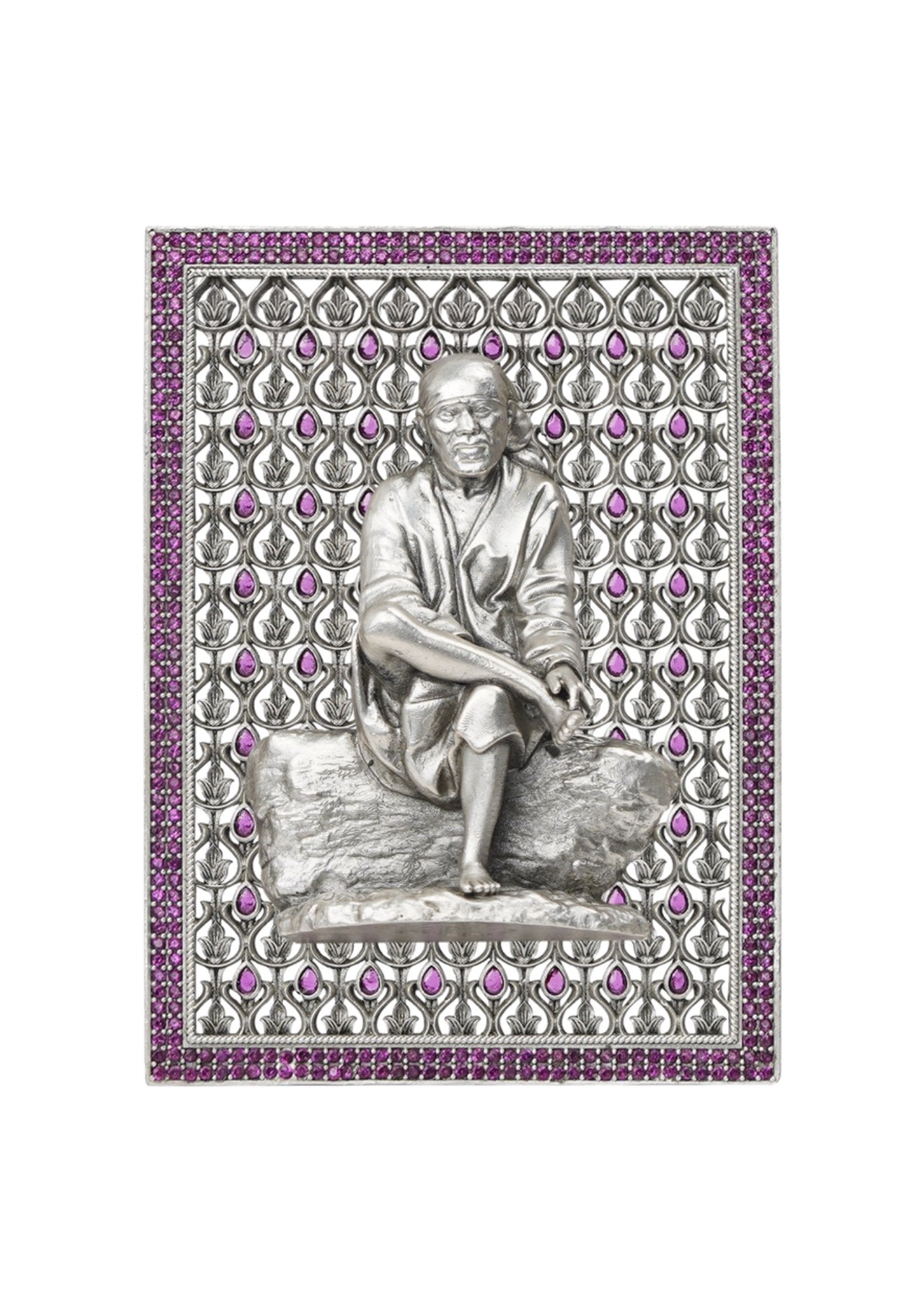 Sai Baba – Pure Silver 3D Frame with Gemstone Detailing