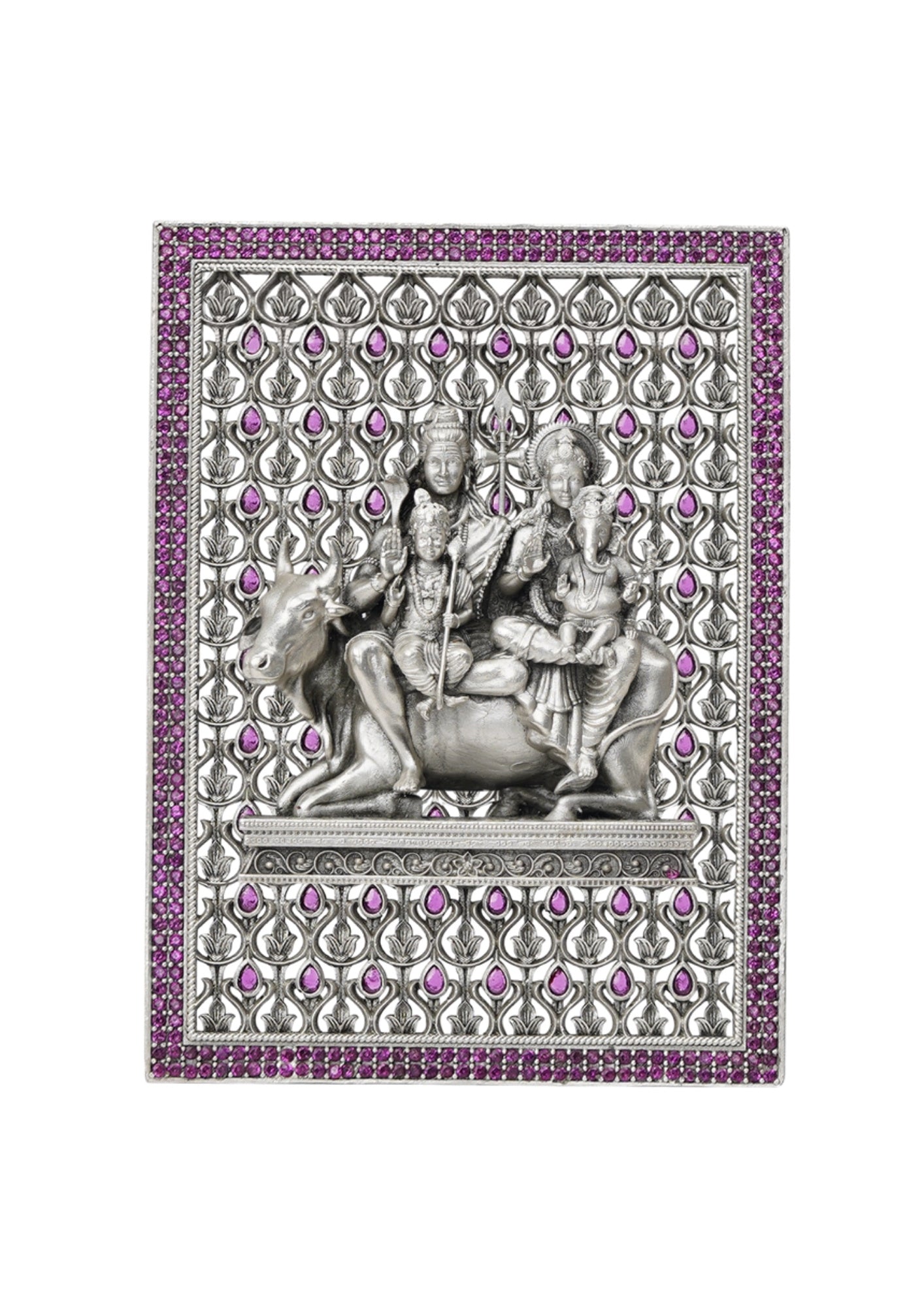 Shiv Parivar – Pure Silver 3D Frame with Gemstone Detailing