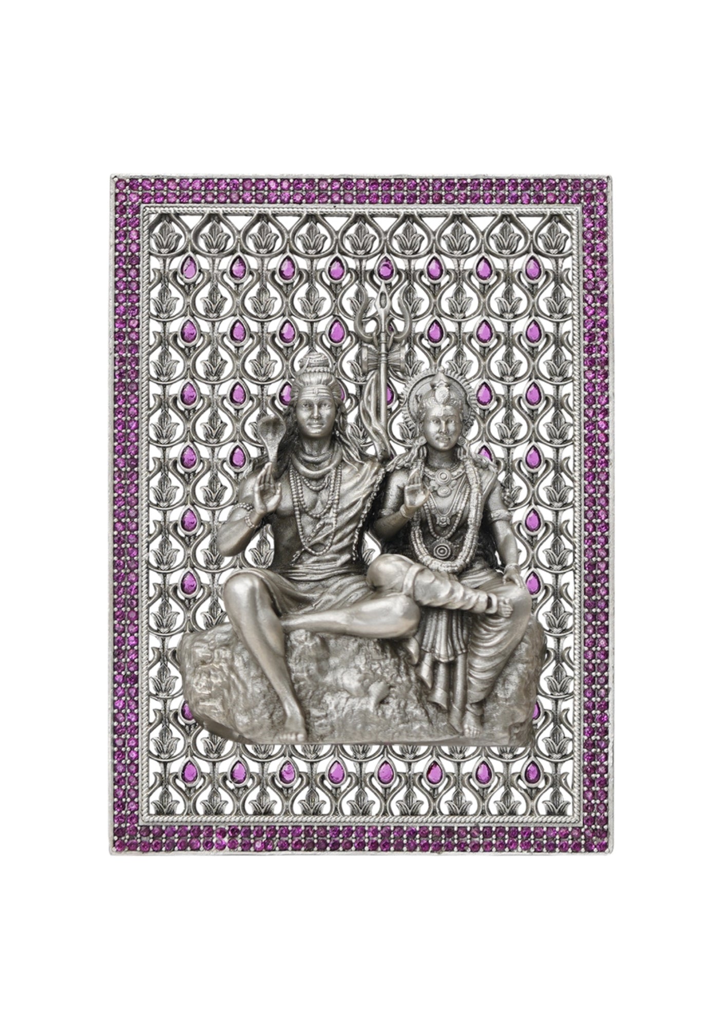 Shiv Parvati – Pure Silver 3D Frame with Gemstone Detailing