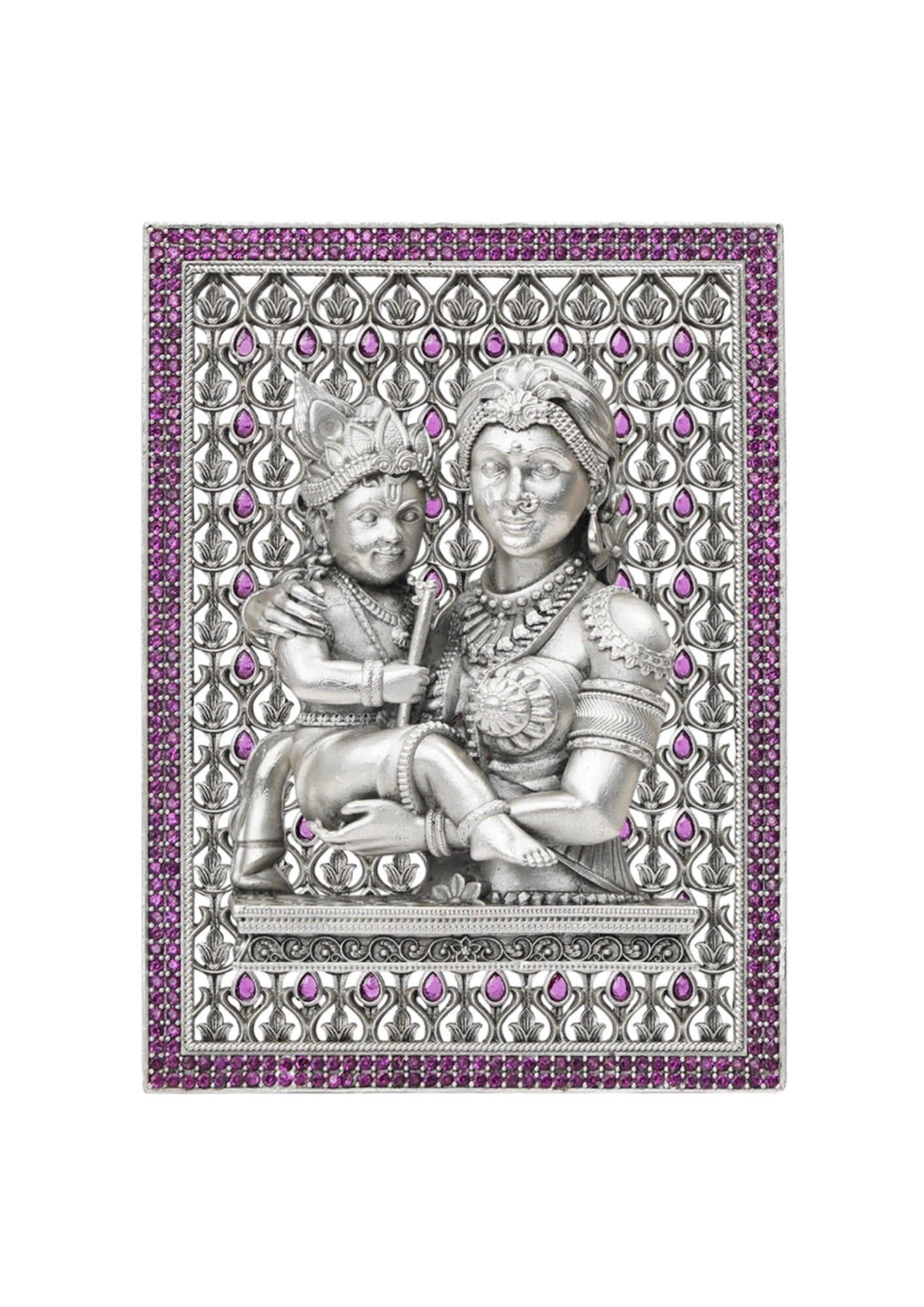 Yashoda Maiya with Kanha – Pure Silver 3D Frame with Gemstone Detailing