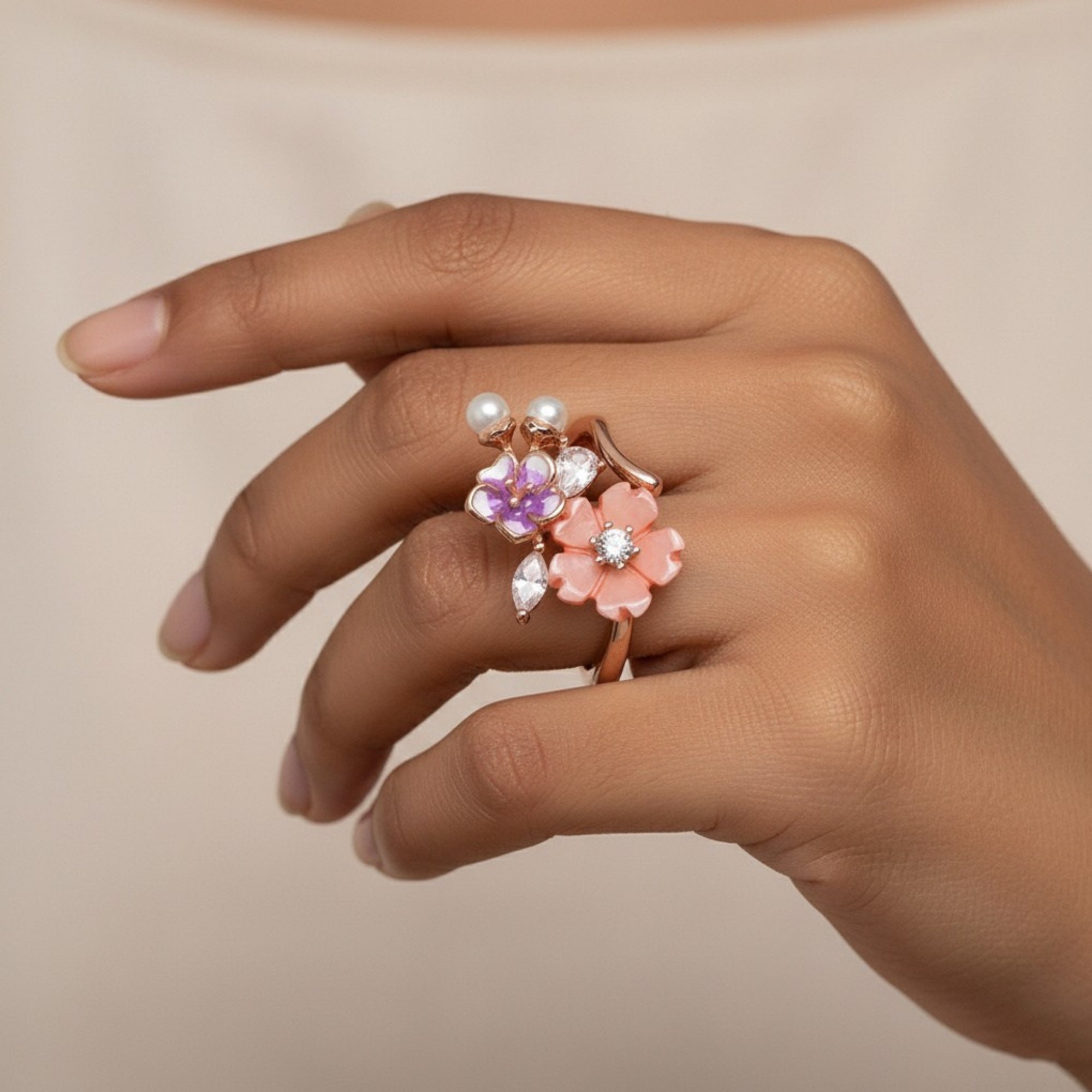 Eternal Bloom Ring – Pure Silver 925 with Dual Floral Charm
