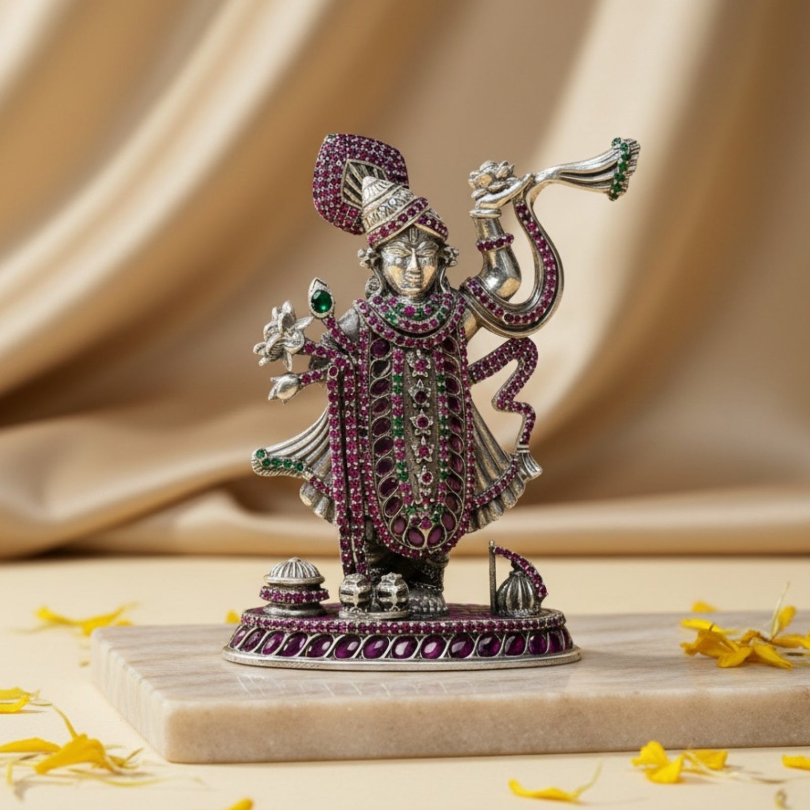 Product Image of Rajatva Lord Sreenathji Pure Silver Idol with intricate gemstone detailing