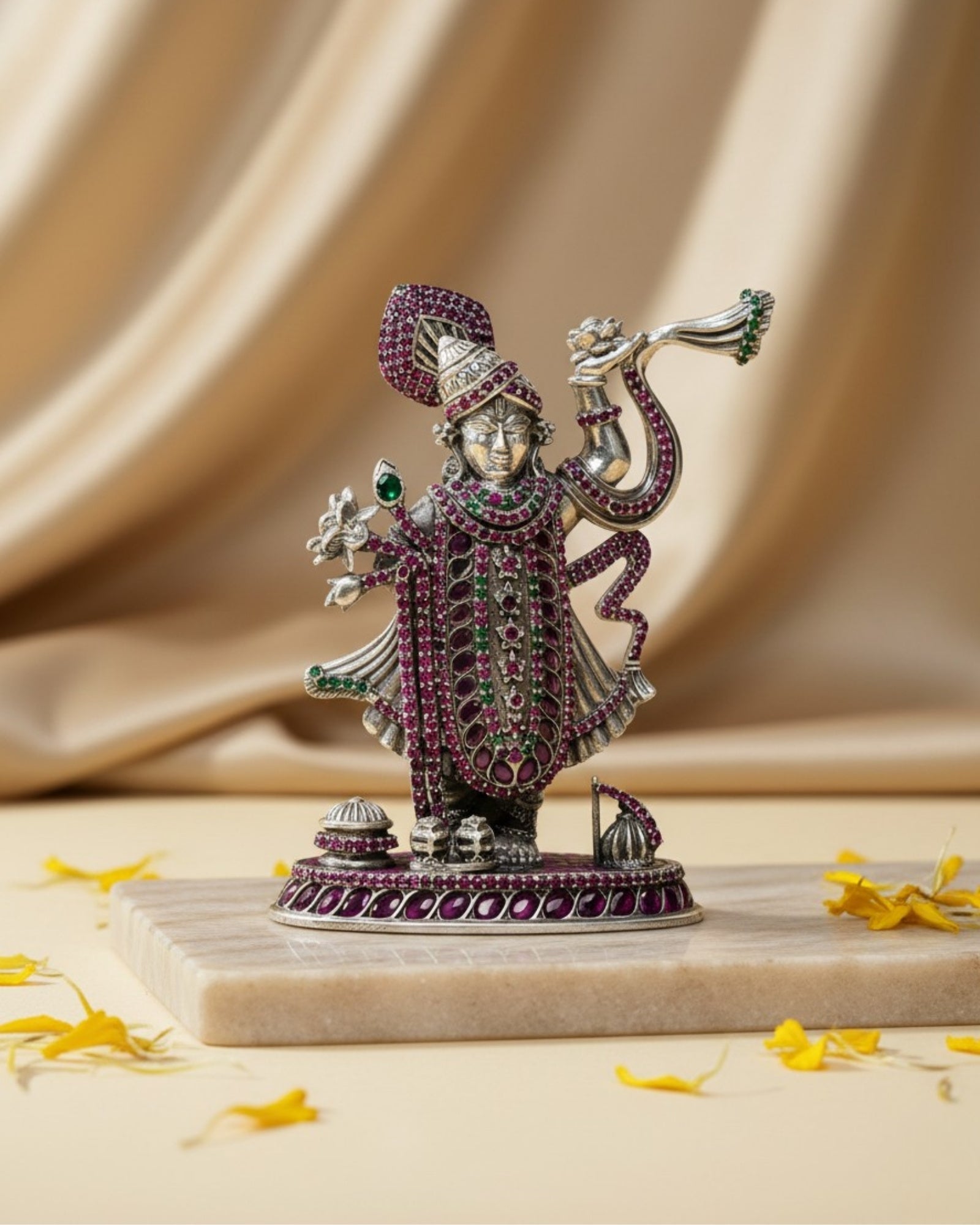 Product Image of Rajatva Lord Sreenathji Pure Silver Idol with intricate gemstone detailing