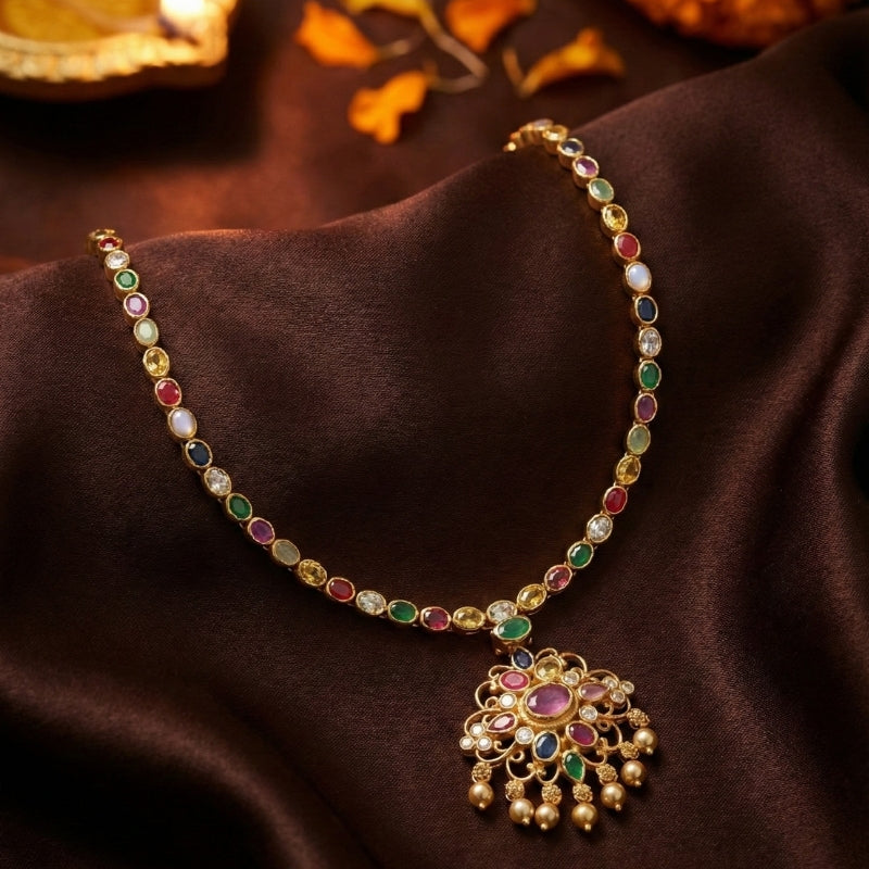 Navratna Royale Spinal Silver 925 Necklace — Gold Polished